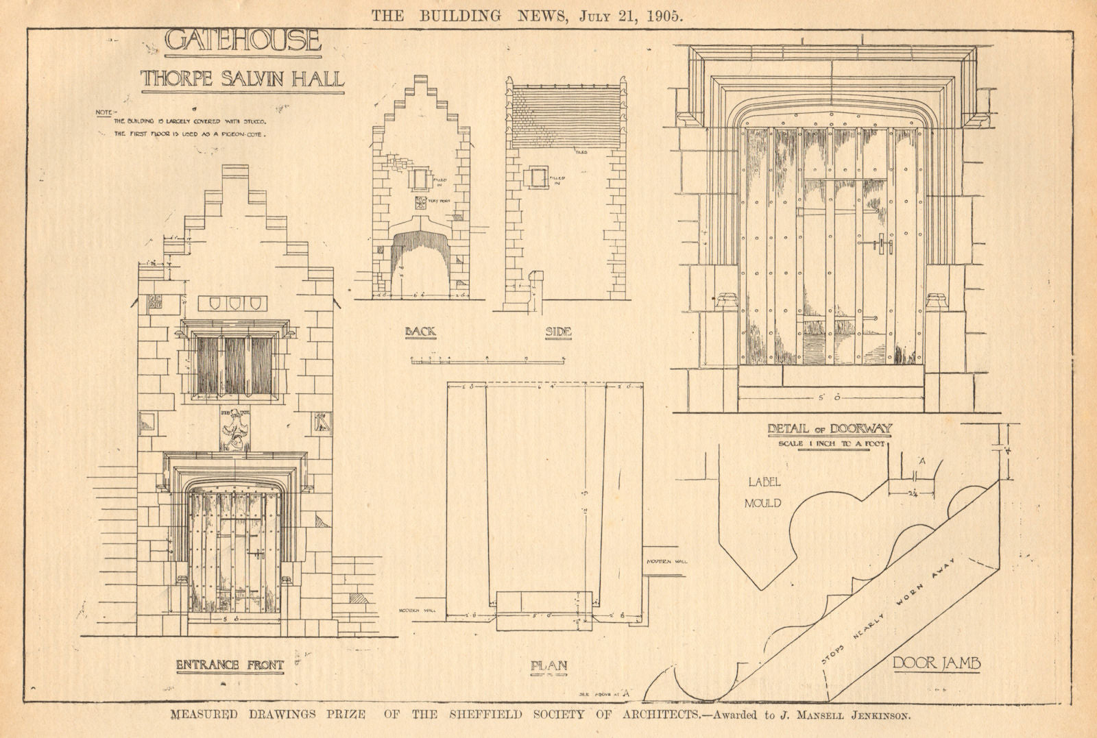 Gatehouse, Thorpe Salvin Hall, Yorkshire. Plans by J. Mansell Jenkinson 1905